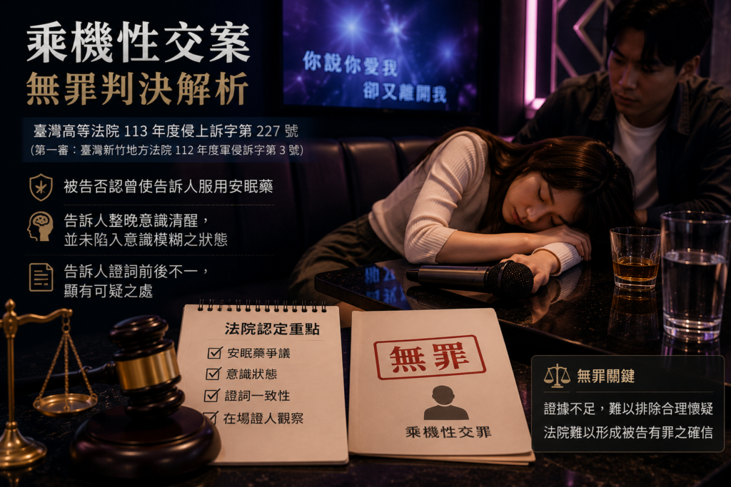 「一場KTV之夜後的羅生門」:安眠藥爭議下的乘機性交案無罪解析 2